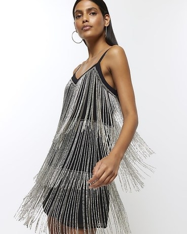 RIVER ISLAND Black Diamante Tassel Slip Mini Dress ~ strappy fringed party dresses p - flipped