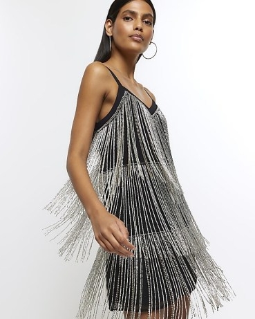 RIVER ISLAND Black Diamante Tassel Slip Mini Dress ~ strappy fringed party dresses p