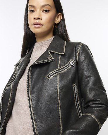 RIVER ISLAND Black Distressed Faux Leather Biker Jacket ~ cropped zip detail jackets p - flipped