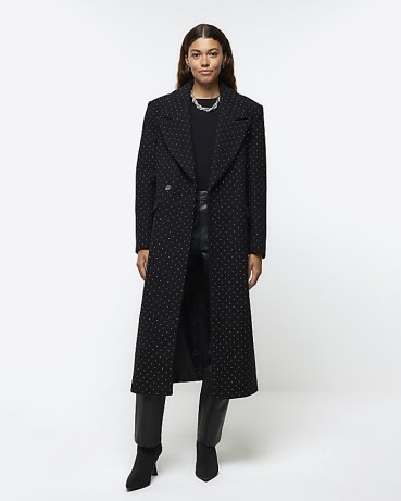 RIVER ISLAND Black Embellished Longline Coat ~ women’s long length winter coats with diamante embellishments p - flipped