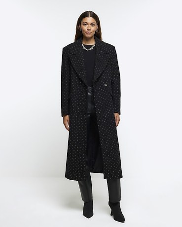 RIVER ISLAND Black Embellished Longline Coat ~ women’s long length winter coats with diamante embellishments p