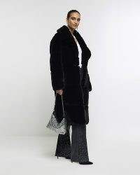 RIVER ISLAND Black Faux Fur Robe Coat ~ glamorous longline winter coats