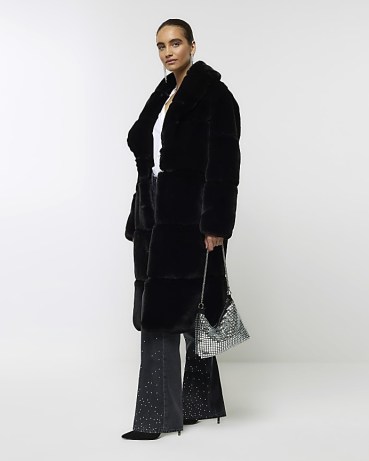 RIVER ISLAND Black Faux Fur Robe Coat ~ glamorous longline winter coats p - flipped