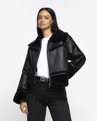 RIVER ISLAND Black Faux Leather Aviator Jacket ~ women’s fake fur trimmed winter jackets