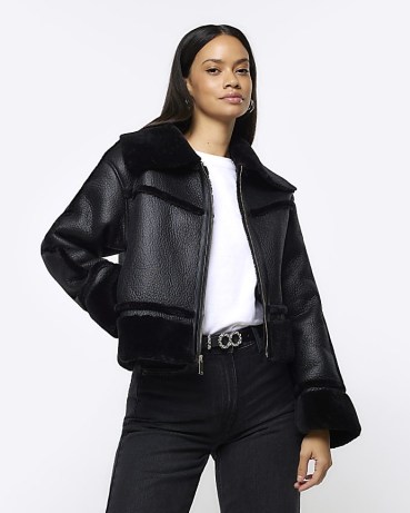 RIVER ISLAND Black Faux Leather Aviator Jacket ~ women’s fake fur trimmed winter jackets p - flipped