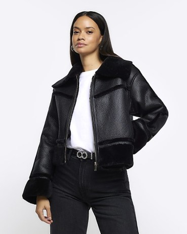 RIVER ISLAND Black Faux Leather Aviator Jacket ~ women’s fake fur trimmed winter jackets p
