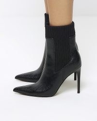 RIVER ISLAND Black Knit Detail Heeled Ankle Boots ~ women’s faux leather high heel booties
