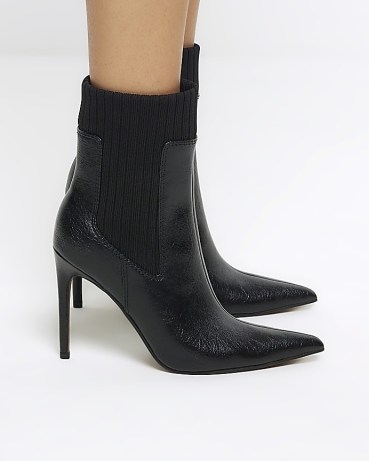 RIVER ISLAND Black Knit Detail Heeled Ankle Boots ~ women’s faux leather high heel booties - flipped