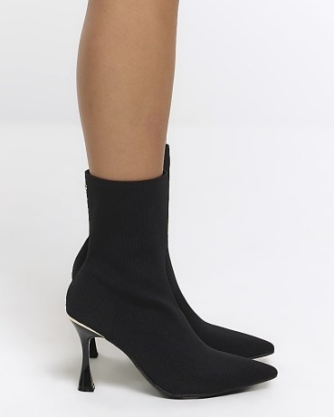 RIVER ISLAND Black Knitted Heeled Ankle Boots ~ women’s on-trend footwear p - flipped