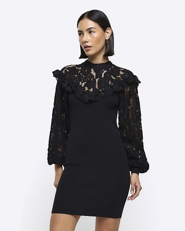 RIVER ISLAND Black Lace Bodycon Mini Dress ~ fitted semi sheer dresses p - flipped