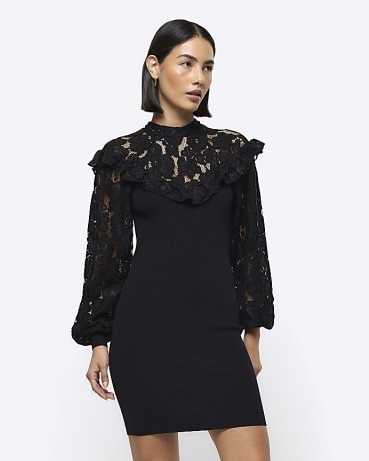 RIVER ISLAND Black Lace Bodycon Mini Dress ~ fitted semi sheer dresses p
