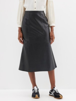 CEFINN Lucille fluted-hem leather midi skirt in black | luxe flared hem skirts p - flipped