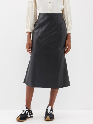 CEFINN Lucille fluted-hem leather midi skirt in black | luxe flared hem skirts p