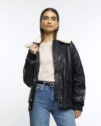 RIVER ISLAND Black Shearling Bomber Jacket ~ women’s faux leather borg collar jackets p