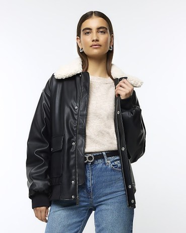 RIVER ISLAND Black Shearling Bomber Jacket ~ women’s faux leather borg collar jackets p - flipped