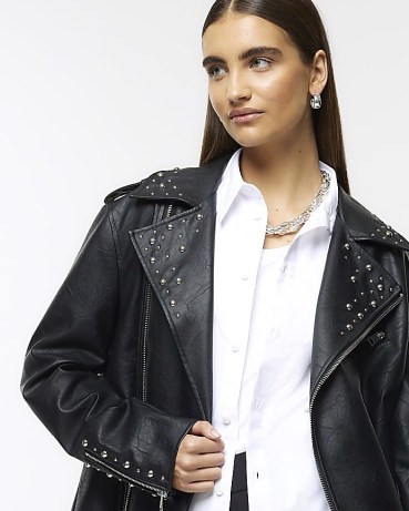 RIVER ISLAND Black Studded Oversized Biker Jacket ~ women’s zip and stud detail jackets ~ faux leather fashion p - flipped