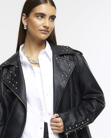 RIVER ISLAND Black Studded Oversized Biker Jacket ~ women’s zip and stud detail jackets ~ faux leather fashion p