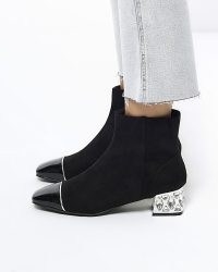 RIVER ISLAND Black Suedette Diamante Heel Ankle Boots ~ embellished winter footwear