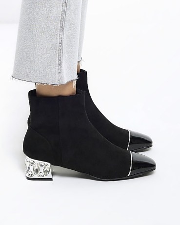 RIVER ISLAND Black Suedette Diamante Heel Ankle Boots ~ embellished winter footwear p - flipped