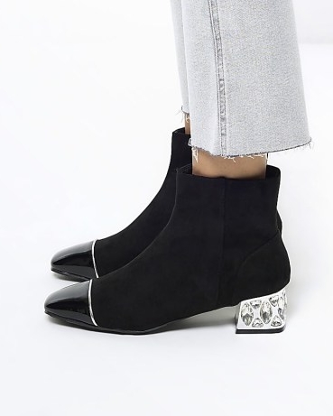 RIVER ISLAND Black Suedette Diamante Heel Ankle Boots ~ embellished winter footwear p