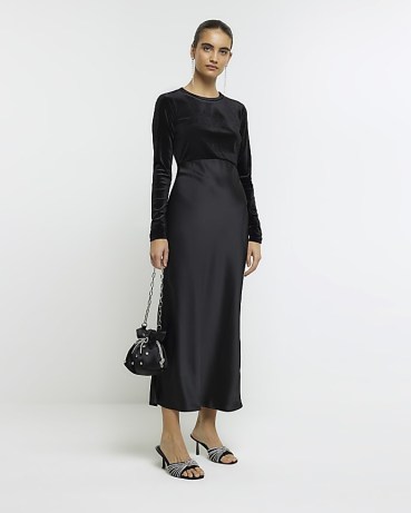 RIVER ISLAND Black Velvet Bodycon Midi Dress ~ long sleeve plush feel and satin fabric evening dresses p