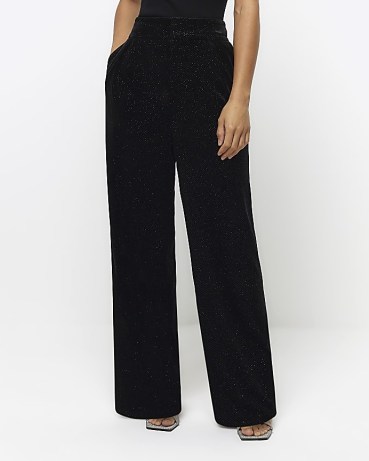 RIVER ISLAND Black Velvet Sparkle Slim Trousers – sparkly evening fashion - flipped