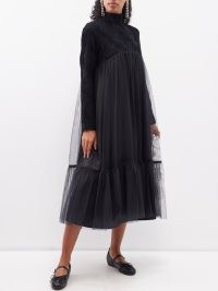 NOIR KEI NINOMIYA Wave-tweed tulle-skirt midi dress in black ~ beautiful long sleeve high neck sheer net overlay dresses ~ romantic clothing ~ luxe feminine fashion