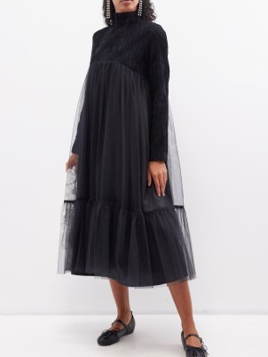 NOIR KEI NINOMIYA Wave-tweed tulle-skirt midi dress in black ~ beautiful long sleeve high neck sheer net overlay dresses ~ romantic clothing ~ luxe feminine fashion p - flipped
