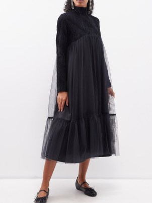 NOIR KEI NINOMIYA Wave-tweed tulle-skirt midi dress in black ~ beautiful long sleeve high neck sheer net overlay dresses ~ romantic clothing ~ luxe feminine fashion p