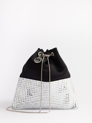 ROSANTICA Zilli Vetro mirrored black satin bucket bag – glamorous party clutch – luxe drawstring evening handbag – small occasion shoulder bags - flipped