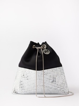 ROSANTICA Zilli Vetro mirrored black satin bucket bag – glamorous party clutch – luxe drawstring evening handbag – small occasion shoulder bags