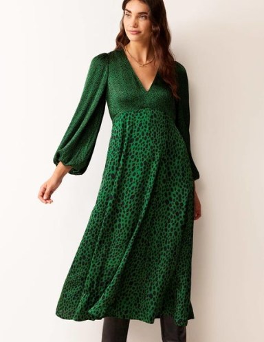 Boden Blouson Sleeve Midi Tea Dress in Amazon Green, Animal Spot / balloon sleeved dresses with empire waist p - flipped