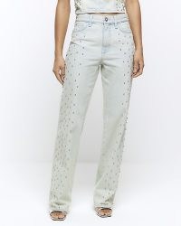 RIVER ISLAND Blue Embellished Relaxed Straight Jeans | women’s denim fashion with diamante embellishments