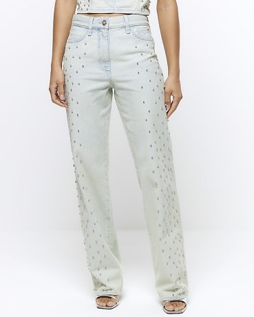 RIVER ISLAND Blue Embellished Relaxed Straight Jeans | women’s denim fashion with diamante embellishments p - flipped