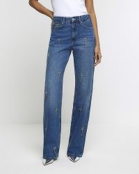 RIVER ISLAND Blue Embellished Relaxed Straight Jeans ~ women’s diamante denim fashion p