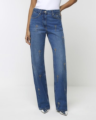 RIVER ISLAND Blue Embellished Relaxed Straight Jeans ~ women’s diamante denim fashion p - flipped