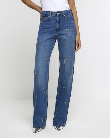 RIVER ISLAND Blue Embellished Relaxed Straight Jeans ~ women’s diamante denim fashion p