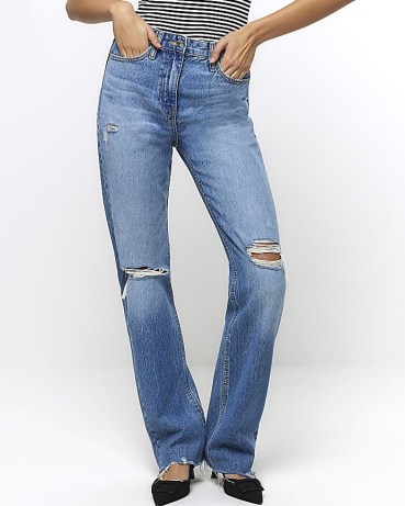 RIVER ISLAND Blue Stove Pipe Straight Ripped Jeans | women’s denim fashion p - flipped