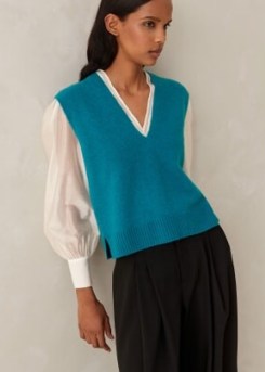 ME and EM Boiled Cashmere V-Neck Crop Vest in Kingfisher Blue | women’s luxury knitted vests - flipped