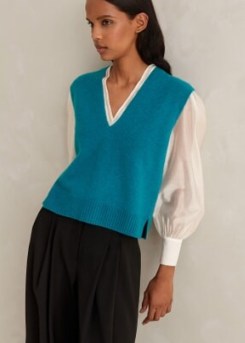 ME and EM Boiled Cashmere V-Neck Crop Vest in Kingfisher Blue | women’s luxury knitted vests