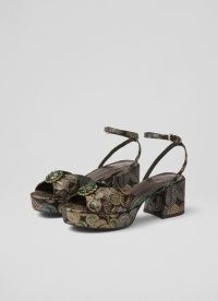 L.K. Bennett Brittany Metallic Fruit Brocade Platform Sandals | retro inspired occasion shoes | block heel party platforms | chunky vintage style heels