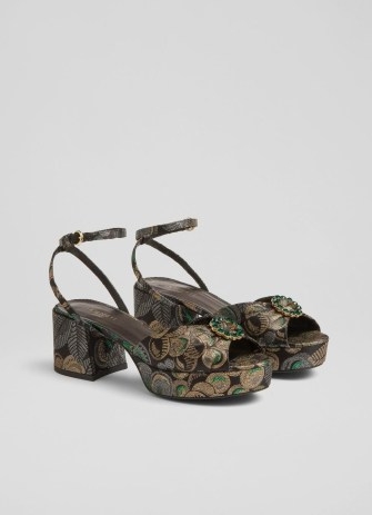 L.K. Bennett Brittany Metallic Fruit Brocade Platform Sandals | retro inspired occasion shoes | block heel party platforms | chunky vintage style heels p - flipped
