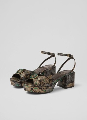 L.K. Bennett Brittany Metallic Fruit Brocade Platform Sandals | retro inspired occasion shoes | block heel party platforms | chunky vintage style heels p