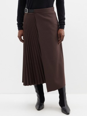 TIBI Jett houndstooth kilt midi skirt in brown ~ checked asymmetric wrap front skirts p - flipped