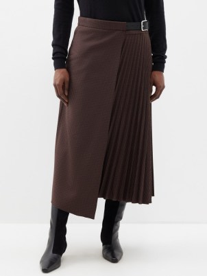 TIBI Jett houndstooth kilt midi skirt in brown ~ checked asymmetric wrap front skirts p