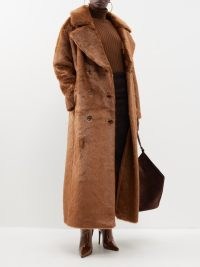 THE FRANKIE SHOP Joni double-breasted faux-fur coat in brown ~ glamorous longline tie waist winter coats p