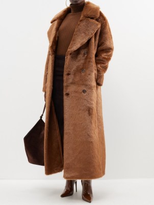 THE FRANKIE SHOP Joni double-breasted faux-fur coat in brown ~ glamorous longline tie waist winter coats p - flipped
