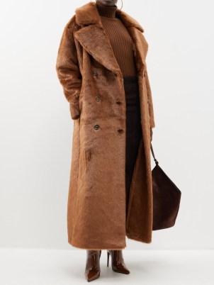 THE FRANKIE SHOP Joni double-breasted faux-fur coat in brown ~ glamorous longline tie waist winter coats p
