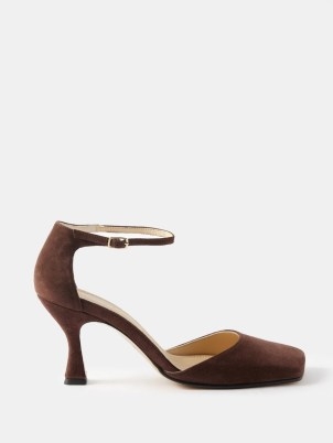 SOULIERS MARTINEZ Laura square-toe suede pumps in brown – retro styke ankle strap shoes – curved heels p - flipped