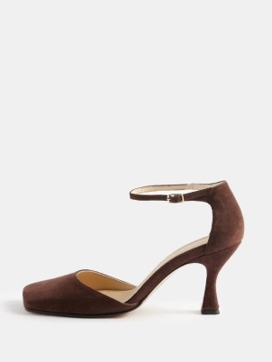 SOULIERS MARTINEZ Laura square-toe suede pumps in brown – retro styke ankle strap shoes – curved heels p